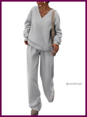 Women's Two Piece Sweatsuit V Neck Pullover Wide Leg Pants Set